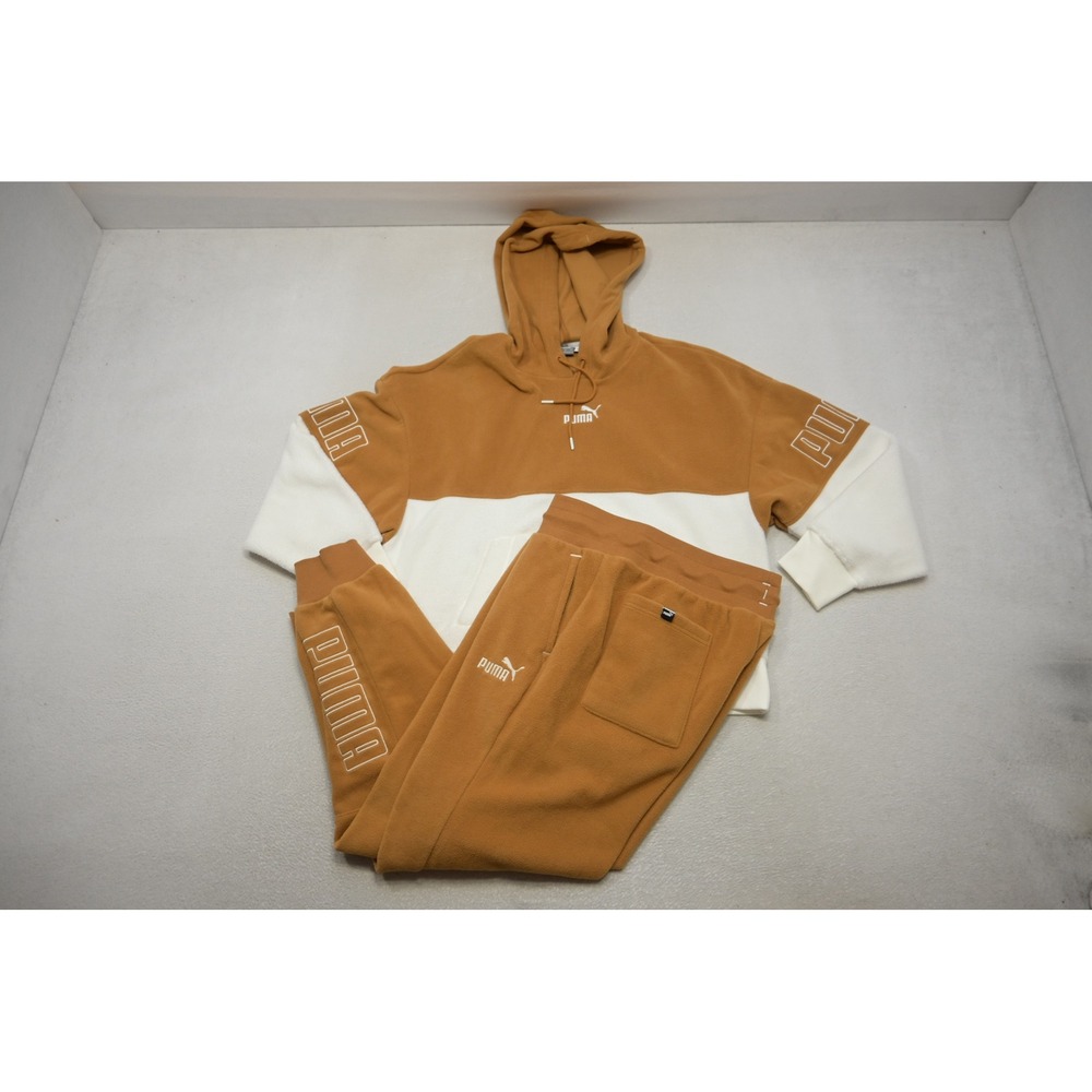 Puma‎ Fleece Baggy Tracksuit Set Womens Large Tan White Hoodie Joggers Athletic